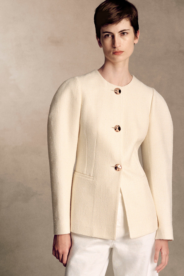 Daelan Jacket in Ivory Virgin Wool Silk Slub