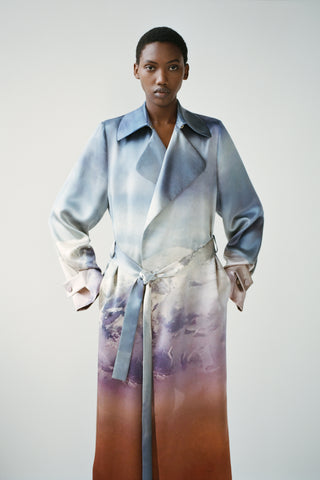 Lyra Trench Coat in Mountain Printed Satin Silk Twill
