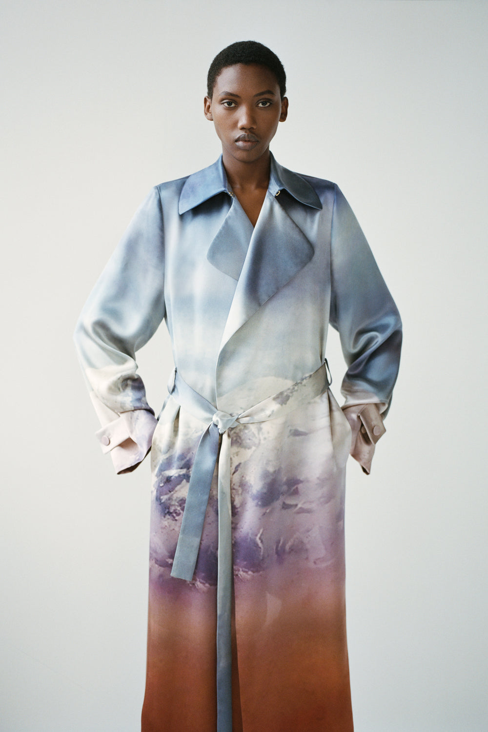 Lyra Trench Coat in Mountain Printed Satin Silk Twill