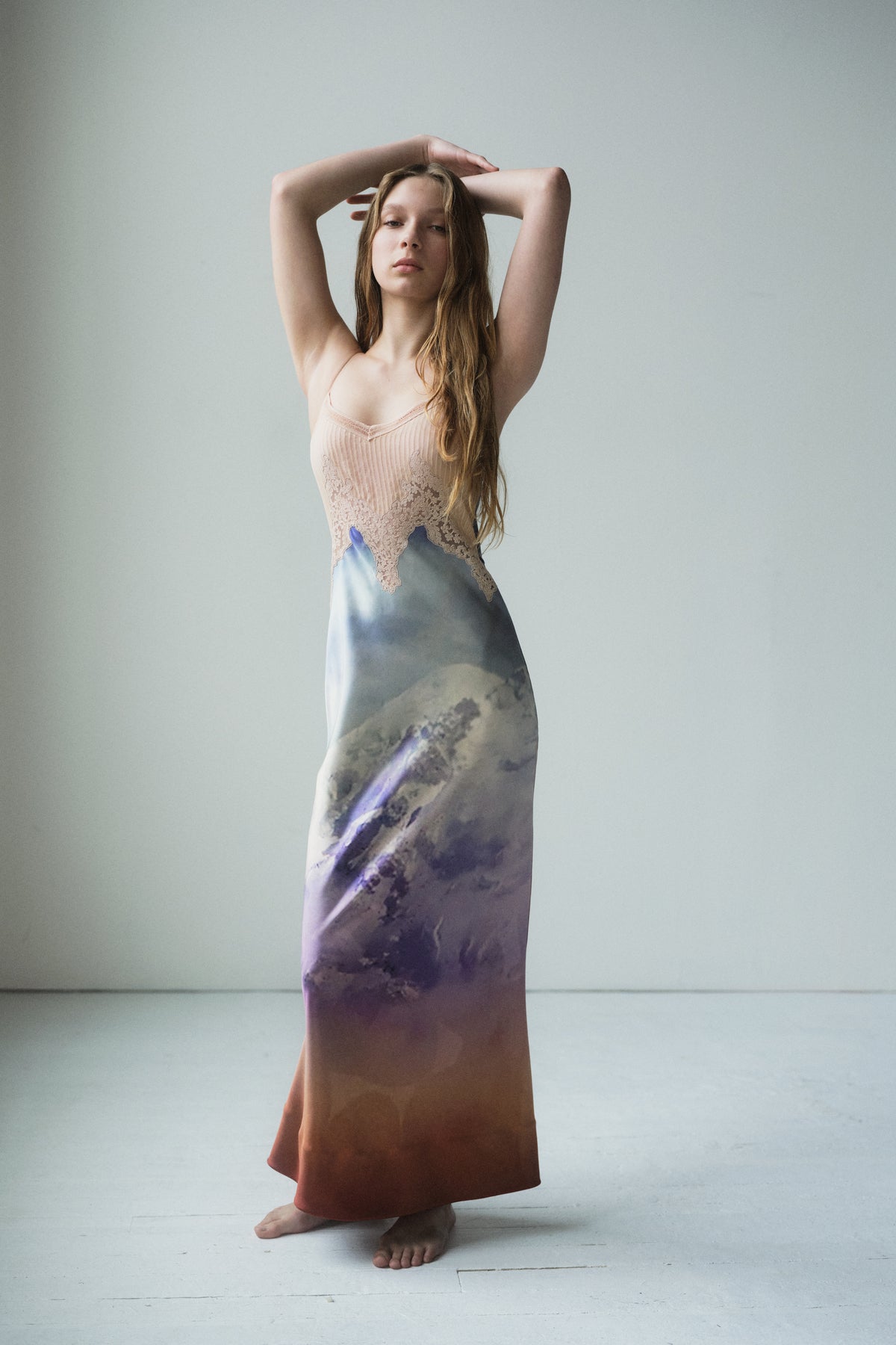 Adolphine Slip Maxi Dress in Mountain Printed Satin Silk Twill