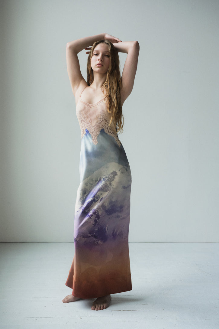 Adolphine Slip Maxi Dress in Mountain Printed Satin Silk Twill