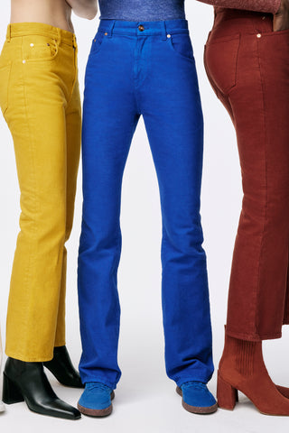 Cobalt Blue Rey Jeans Styled Look - Three Models Wearing Colorful Denim | Gabriela Hearst
