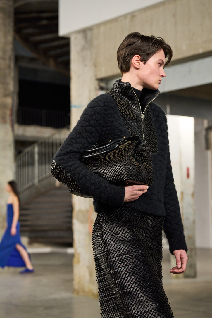 Isha Knit Mock Funnel Neck in Black Nappa Leather Snake Scales & Cashmere