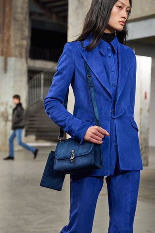 Navy Suede Leonora Bag - Styled On Model | Gabriela Hearst