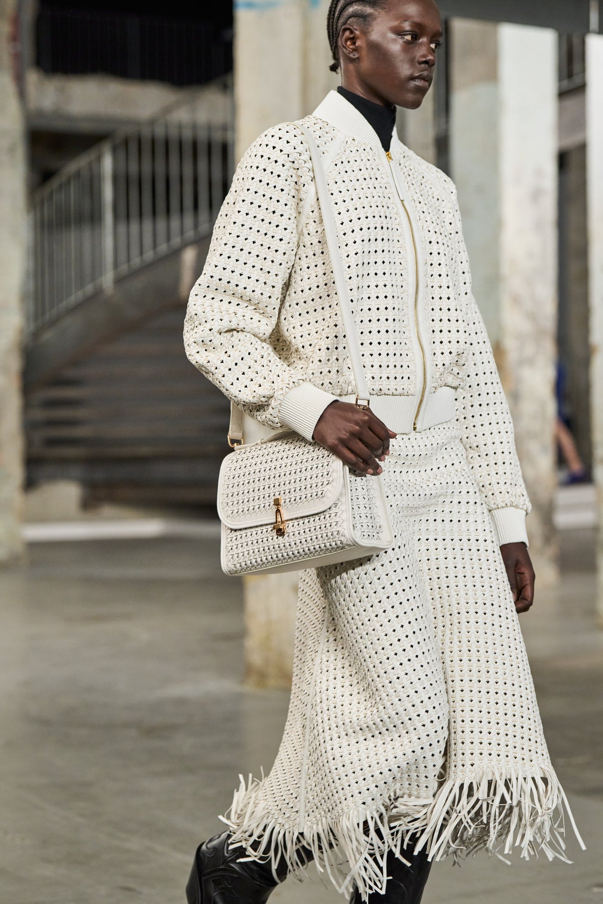 Medium Leonora Flap Bag in White Woven Leather with Sunglass Pouch