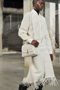 Medium Leonora Flap Bag in White Woven Leather with Sunglass Pouch
