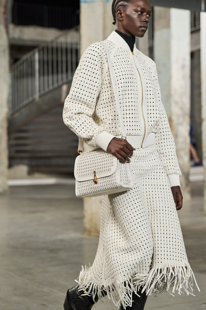 Medium Leonora Flap Bag in White Woven Leather with Sunglass Pouch
