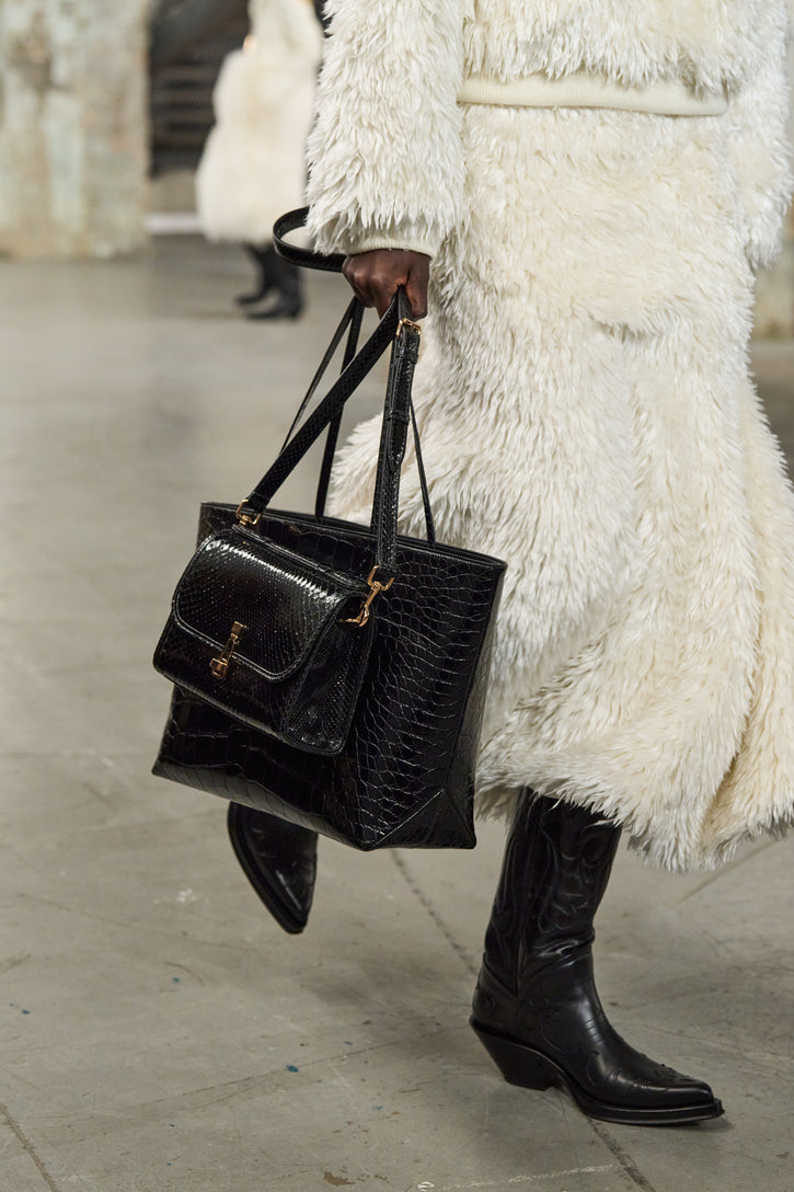 Small Leonora Flap Bag in Black Snakeskin with Sunglasses Pouch