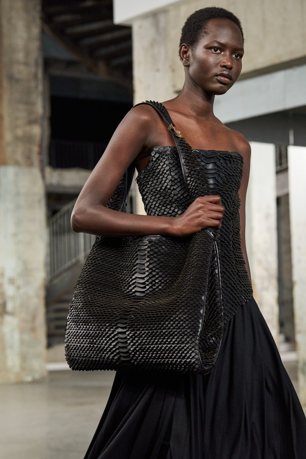 Large Hobo Bag in Black Leather Snake Scales