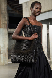 Hobo Large Tote Bag in Black Leather Snake Scale