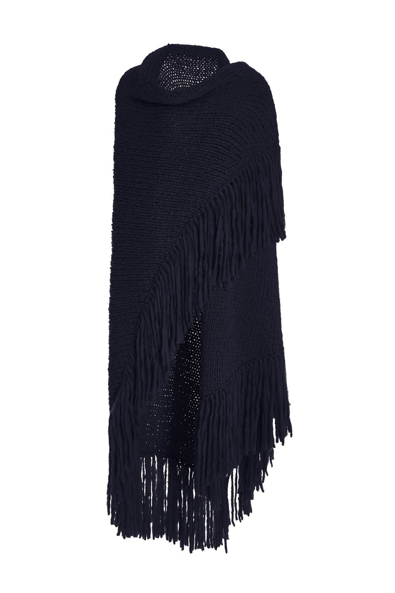Dark Navy Cashmere Lauren Knit Wrap with Fringe Detail - Front View | Gabriela Hearst