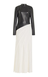 Aulay Pleated Dress in Black Leather & Ivory Wool Cashmere