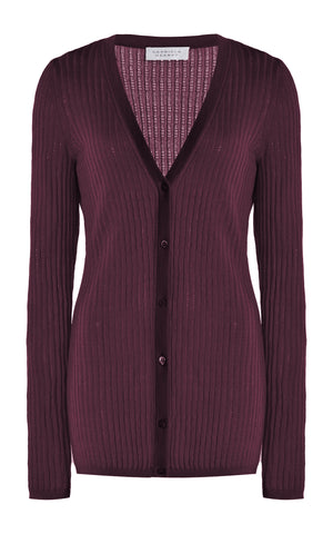 Emma Pointelle Knit Cardigan in Deep Bordeaux Cashmere Silk
