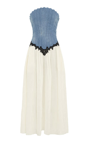 Glenn Lace Maxi Dress in Light Blue Recycled Cotton Linen Denim