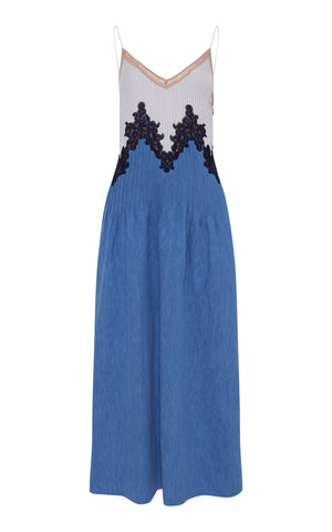 Althea Lace Slip Maxi Dress in Light Blue Recycled Cotton Linen Denim