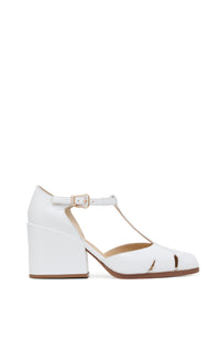 Evita T-Strap Heel in Pearlized White Leather