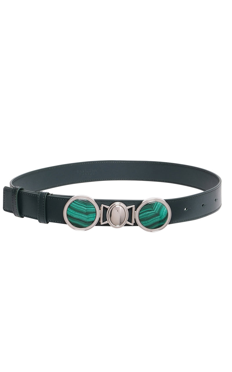 Bottle Green Leather Grange Stone Belt with Malachite Hardware - Front View | Gabriela Hearst