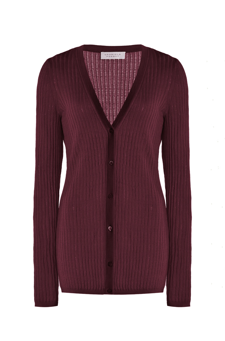 Emma Pointelle Knit Cardigan in Bordeaux Cashmere Silk