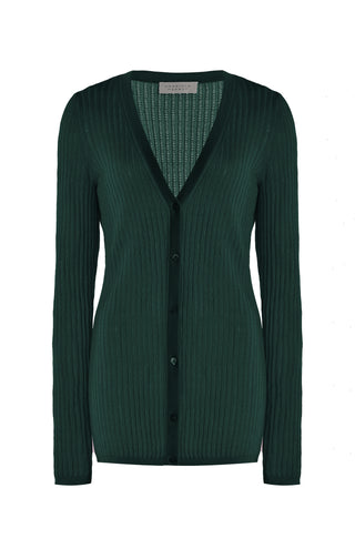 English Green Cashmere Silk Emma Pointelle Knit Cardigan - Front View | Gabriela Hearst