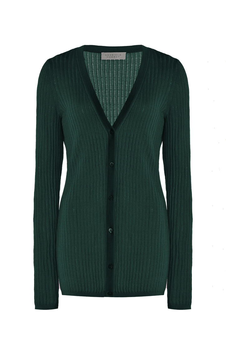 Emma Pointelle Knit Cardigan in English Green Cashmere Silk