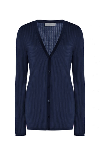 Electric Navy Cashmere Silk Emma Pointelle Knit Cardigan - Front View | Gabriela Hearst