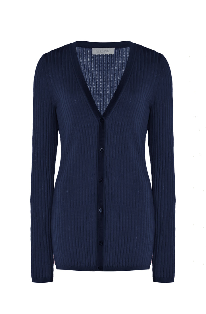 Emma Pointelle Knit Cardigan in Electric Navy Cashmere Silk