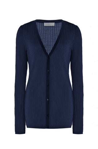 Emma Pointelle Knit Cardigan in Electric Navy Cashmere Silk