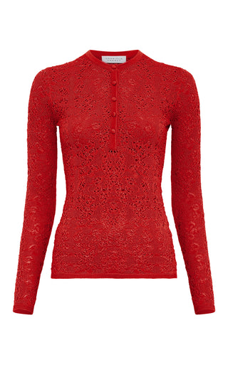 Orange Merino Wool Lace Knit Henley - Front View | Gabriela Hearst