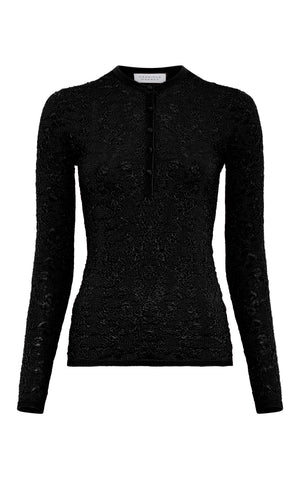 Gaviran Lace Knit Henley in Black Merino Wool