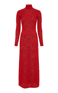 Lethe Pointelle Knit Maxi Dress in Scarlet Red Virgin Wool Silk