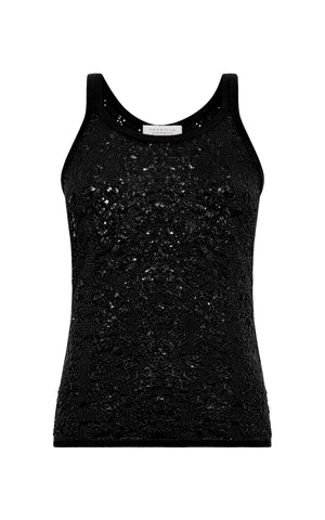 Cyrinne Lace Knit Tank Top in Black Merino Wool