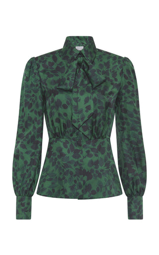 English Green Silk Twill Maisie Top with Abstract Leaf Print - Front View | Gabriela Hearst
