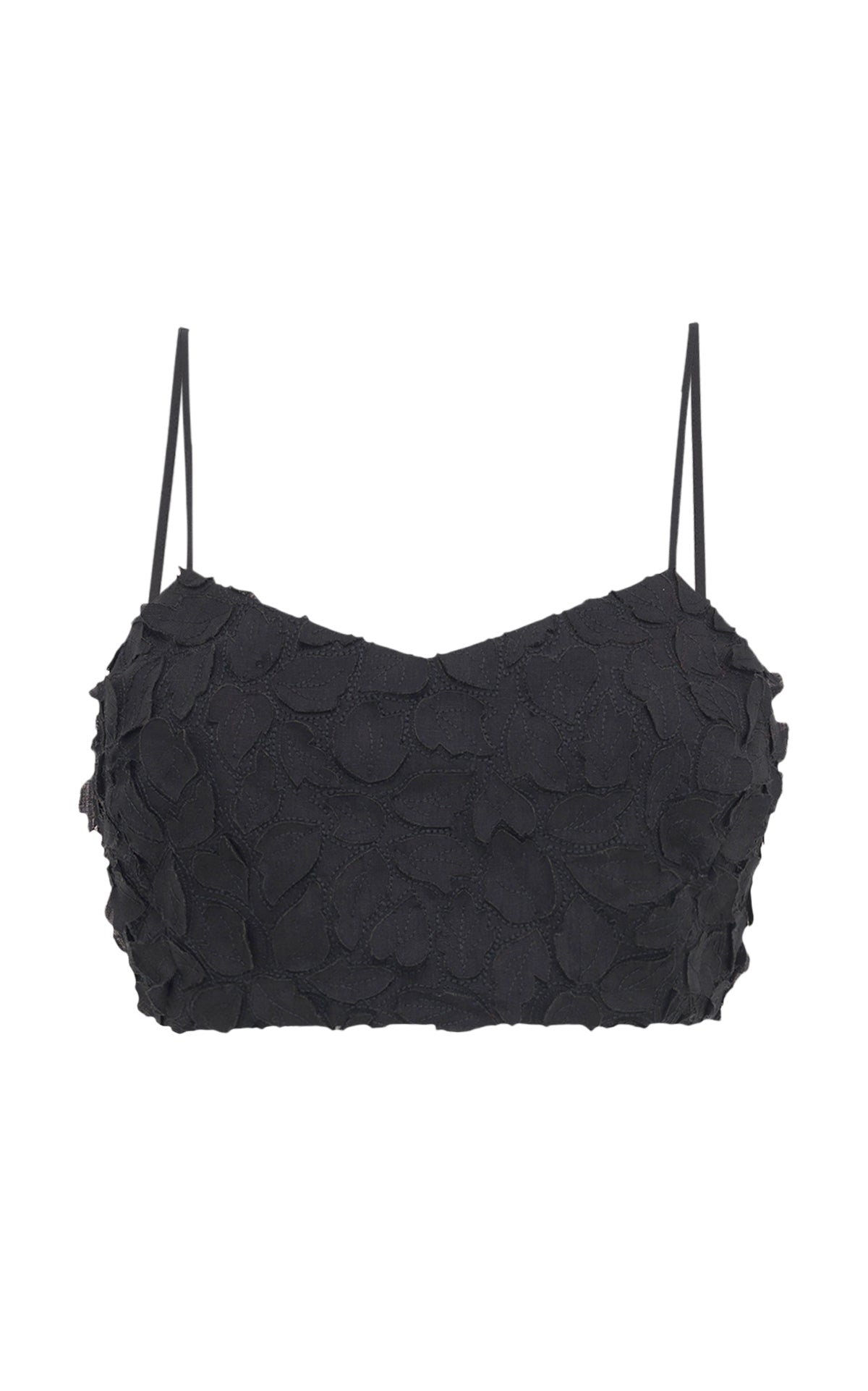 Priya Embroidered Leaves Bralette Top in Black Linen
