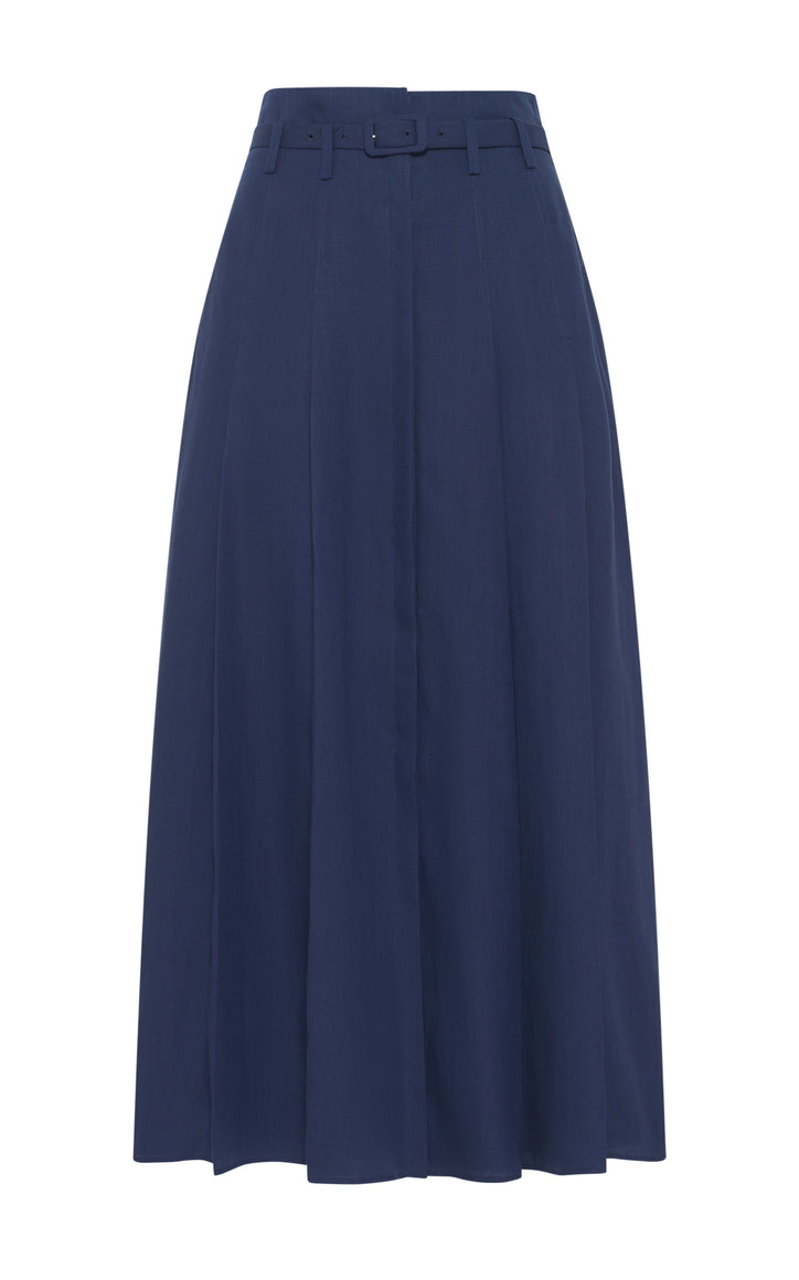 Dugald Pleated Midi Skirt in Electric Navy Linen