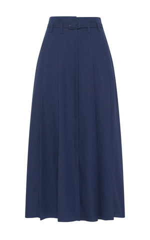 Dugald Pleated Midi Skirt in Electric Navy Linen