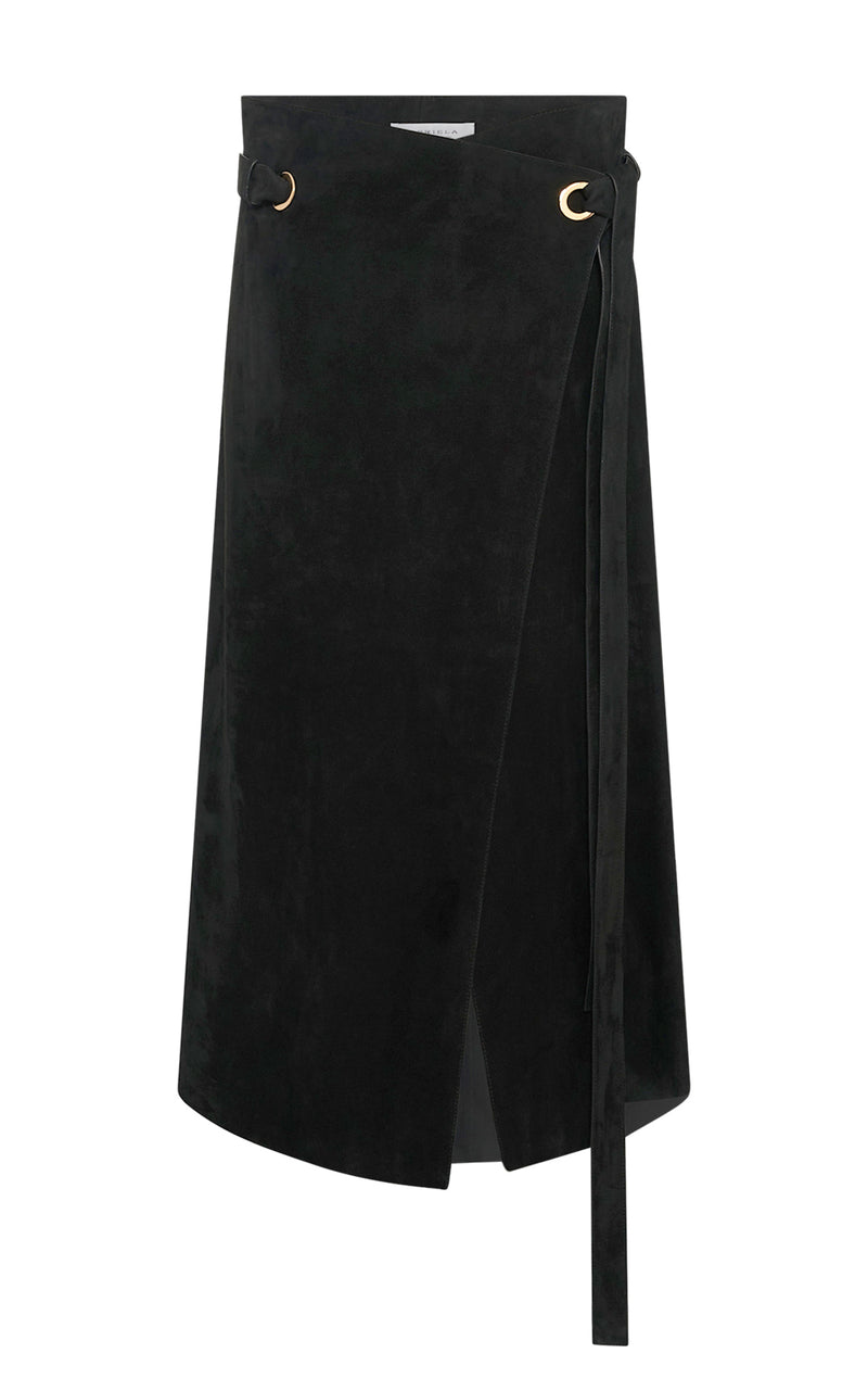 Black Suede Idalia Wrap Midi Skirt - Front View | Gabriela Hearst