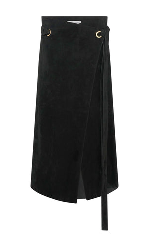 Idalia Wrap Midi Skirt in Black Suede