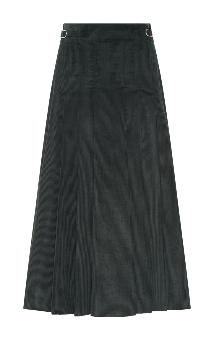 Wesley Pleated Midi Skirt in English Green Sea Island Cotton Corduroy