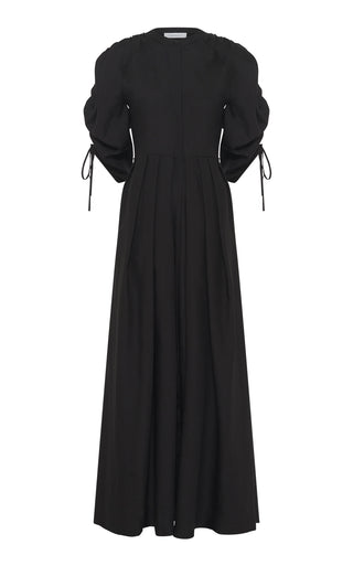 Black Aloe Linen Linnea Maxi Dress - Gathered Blouson Sleeve Flat Lay | Gabriela Hearst