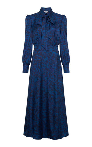 Electric Navy Silk Phelan Maxi Shirtdress with Abstract Leaf Print Bow Collar - Front View | Gabriela Hearst