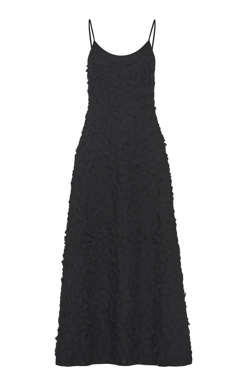 Black Linen Nexus Embroidered Leaves Maxi Dress - Front Flat View, A-Line Silhouette | Gabriela Hearst