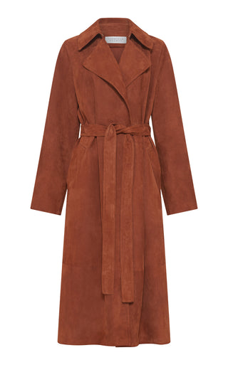 Cognac Suede Lyra Trench Coat - Front Flat Lay | Gabriela Hearst