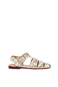 Lynn Fringe Flat Sandal in Ivory Nappa Leather Lace
