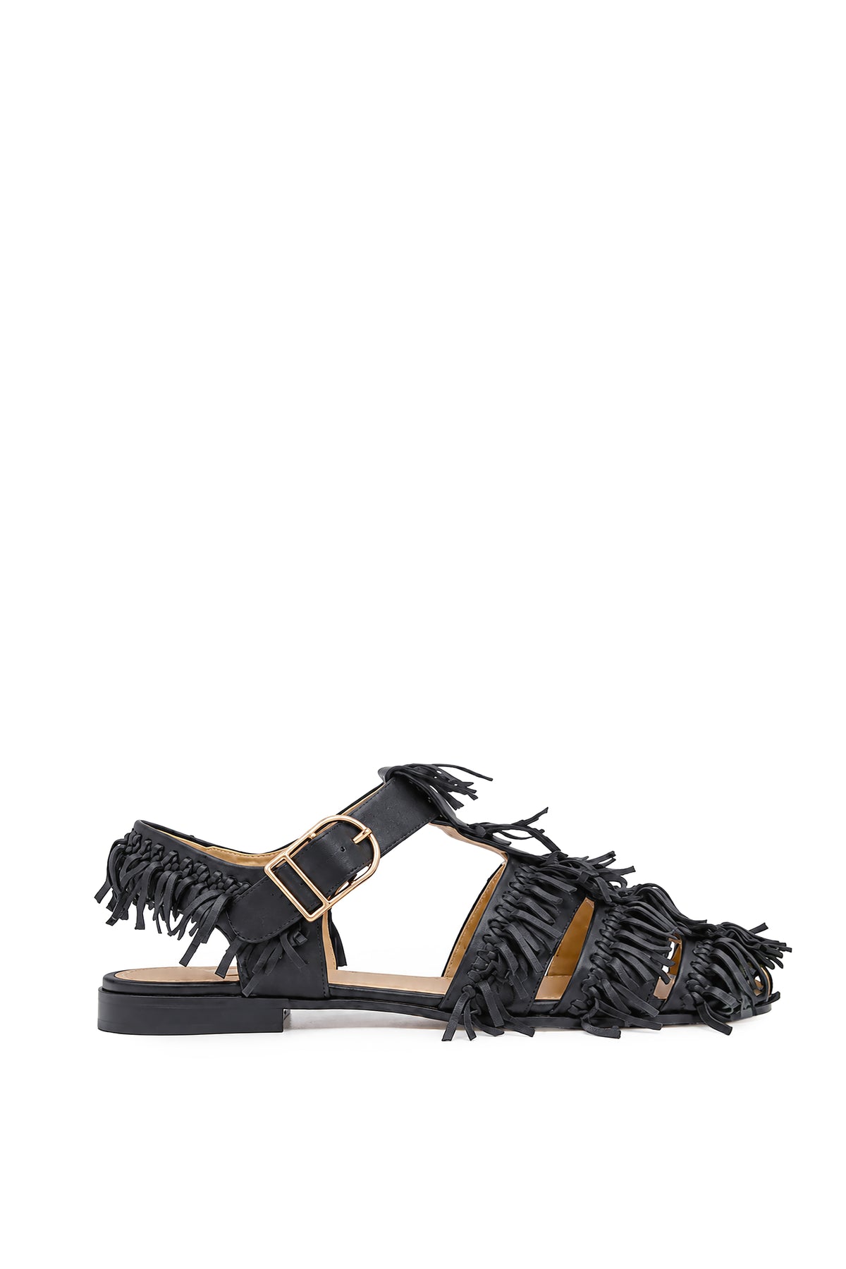 Lynn Fringe Flat Sandal in Black Nappa Leather