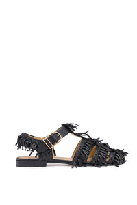 Lynn Fringe Flat Sandal in Black Nappa Leather