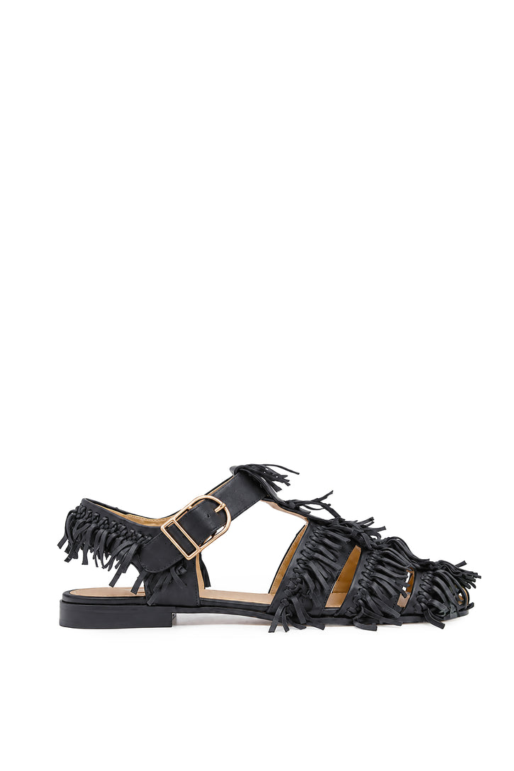 Lynn Fringe Flat Sandal in Black Nappa Leather