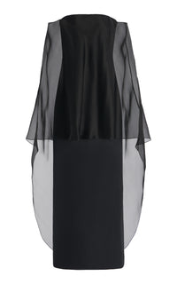 Marisha Dress in Black Textured Linen with Silk Organza Sheer Cape