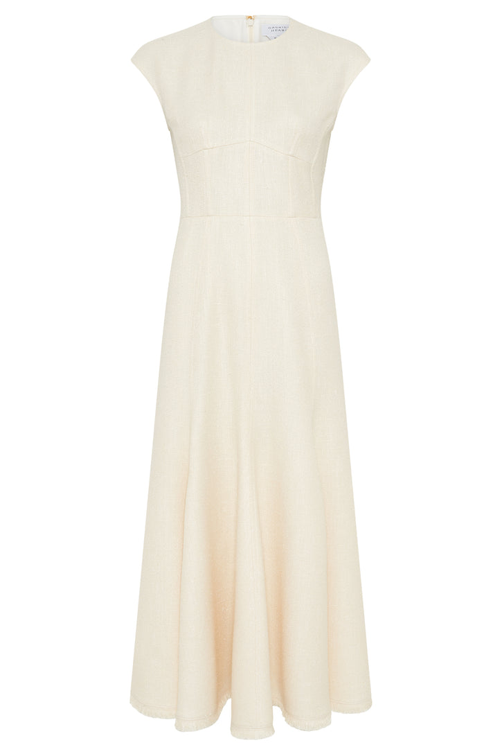 Crowther Midi Dress in Ivory Virgin Wool Silk Slub