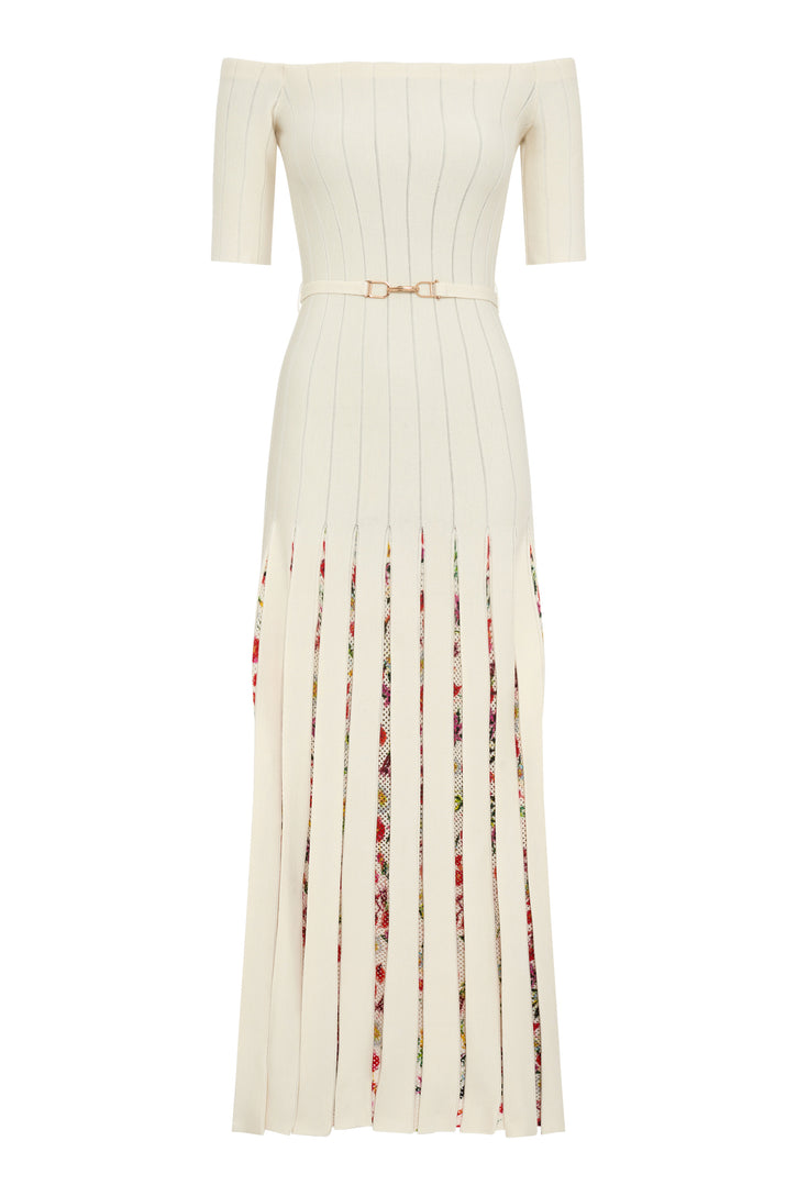 Kurt Knit Pleated Maxi Dress in White Multi Merino Wool