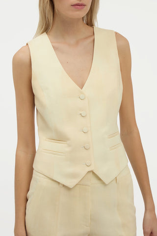 Ivory Wool Coleridge Vest - Close-up Detail, V-Neck Button Fastening & Welt Pockets | Gabriela Hearst